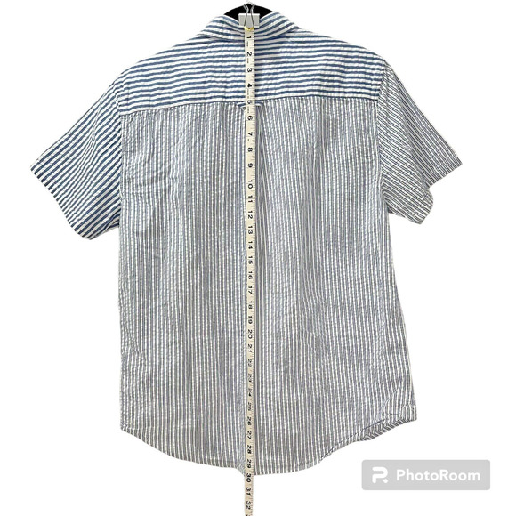 Free Assembly Mens Shirt Collared Button Down Seersucker Blue White Strip Cotton - Picture 4 of 10